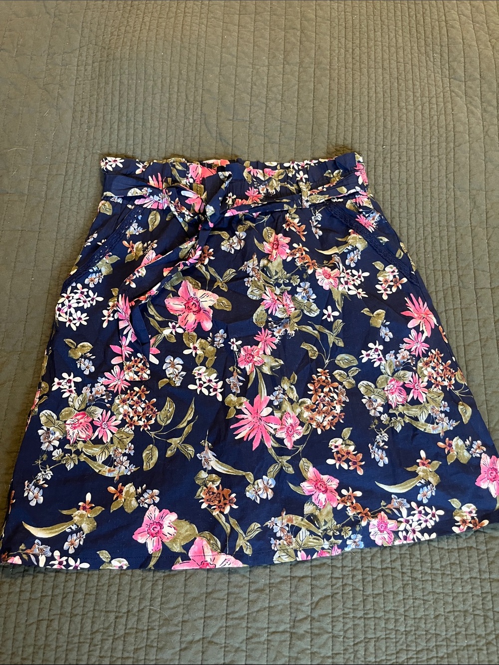 Skies Are Blue Navy Floral Tie-Waist A-Line Skirt